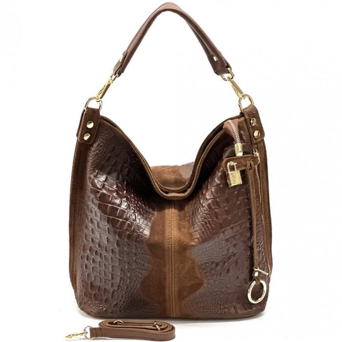 Chocolate Brown Python- Embossed Sued and leather Hobo Bag, Handmade in Italy, Free Shipping