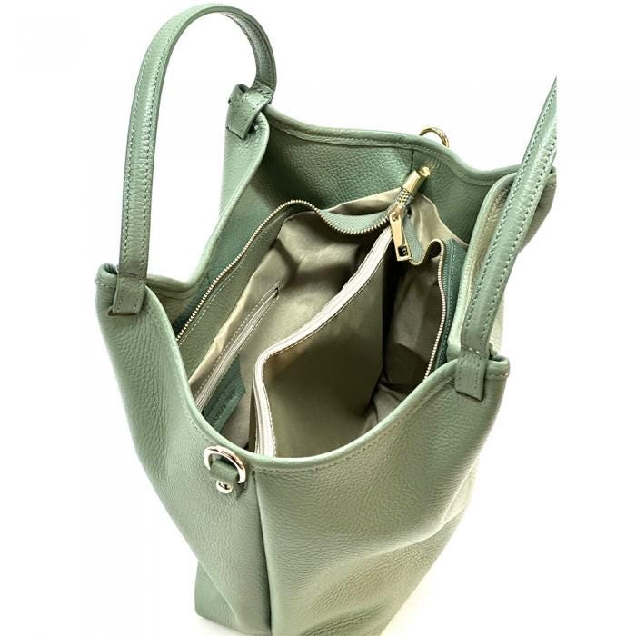 Light Green Pebbled Leather Tote Bag: Italian Leather, Minimalist Design