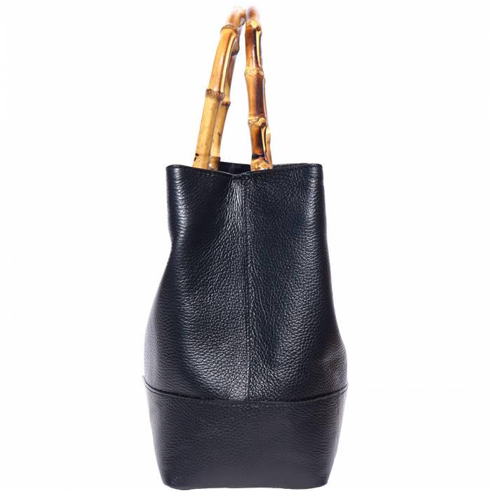 Pebbled Leather Tote Bag, (L) Bamboo Handles, Handmade in Italy