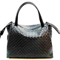 Price Just Reduced, Stamped Woven Style Leather, Boston Bag in Black, Handcrafted in Florence, Italy, Free Shipping
