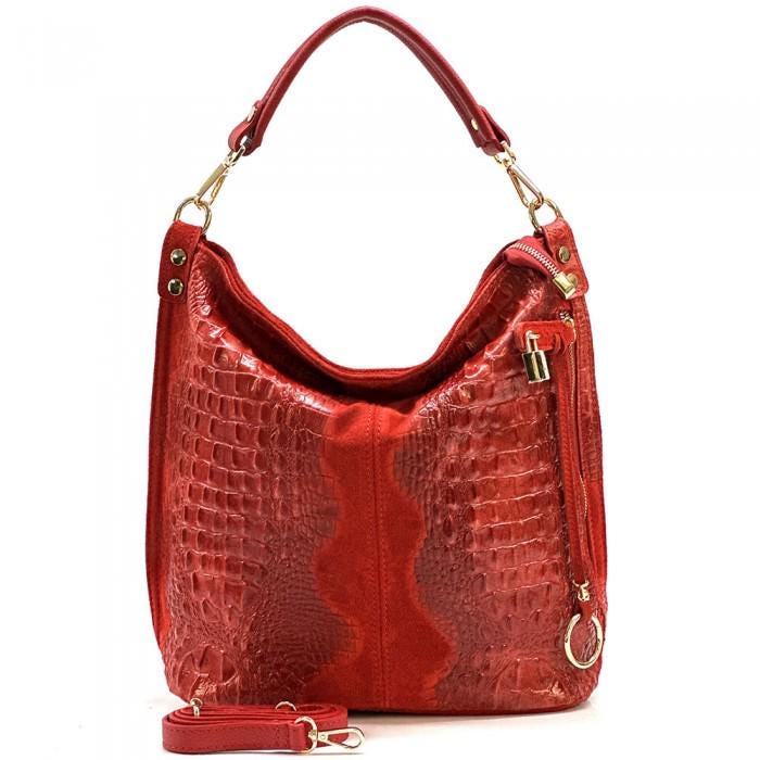 Embossed Suede and Leather Hobo Bag, Handmade in Italy, Free Shipping