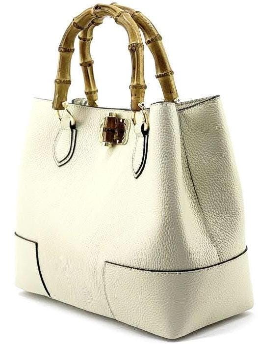 Bamboo Handle, Pebbled Leather Tote Bag (Large)
