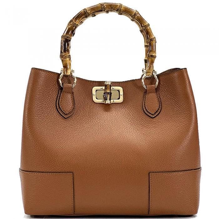 Pebbled Leather Tote Bag, (L) Bamboo Handles, Handmade in Italy