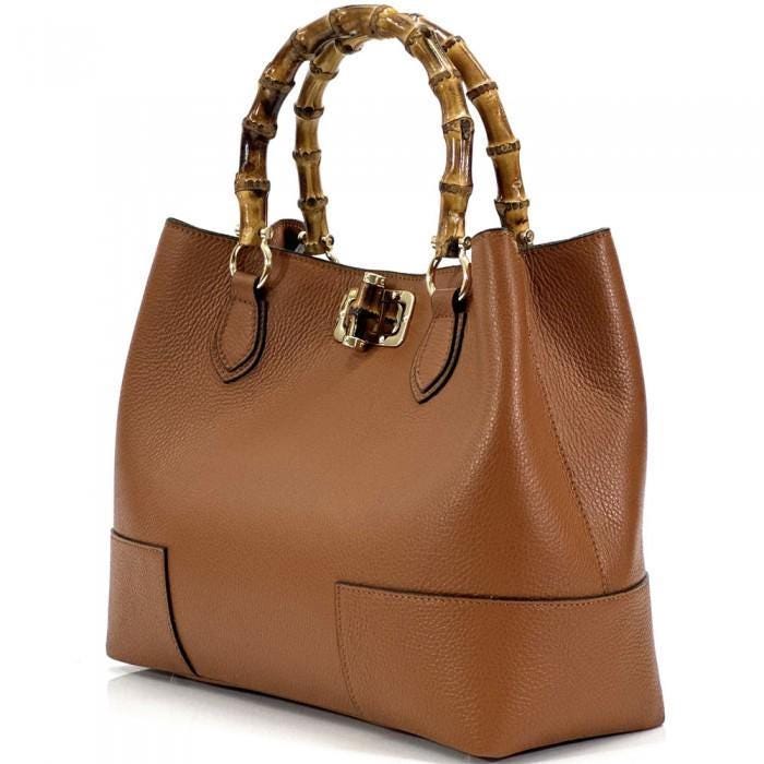 Pebbled Leather Tote Bag, (L) Bamboo Handles, Handmade in Italy