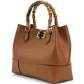 Pebbled Leather Tote Bag, (L) Bamboo Handles, Handmade in Italy