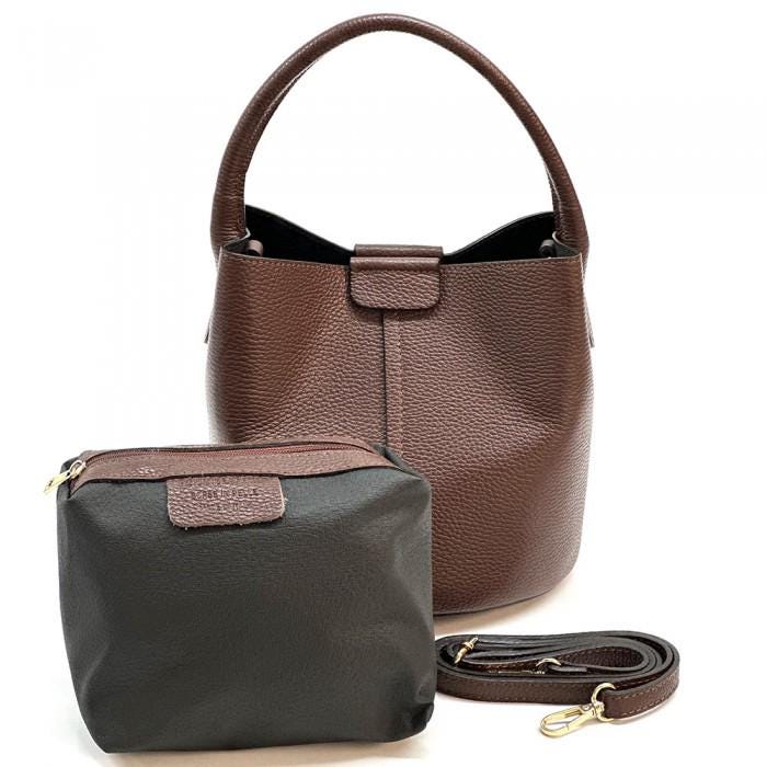 Chocolate Brown Pebbled Leather Tote Bag with Pochette - Made in Italy